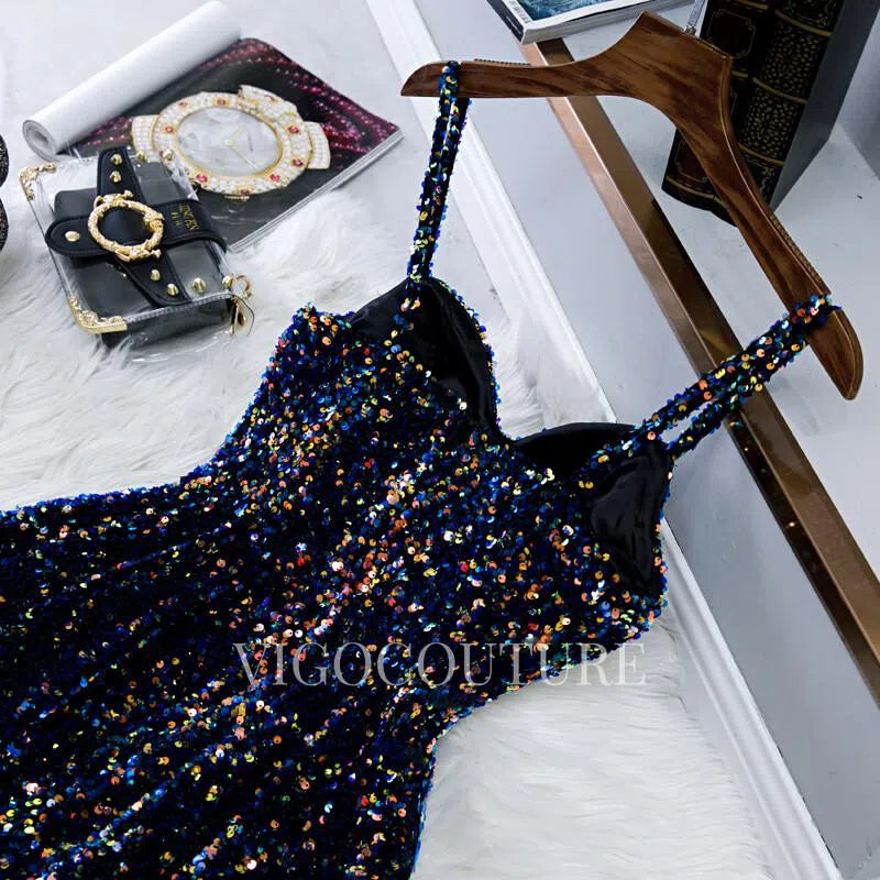 Blue Glittering Sequin Homecoming Dress Mid-length Prom Dress 20275 vigocouture Blue Glittering Sequin Homecoming Dress Mid-length Prom Dress 20275 vigocouture