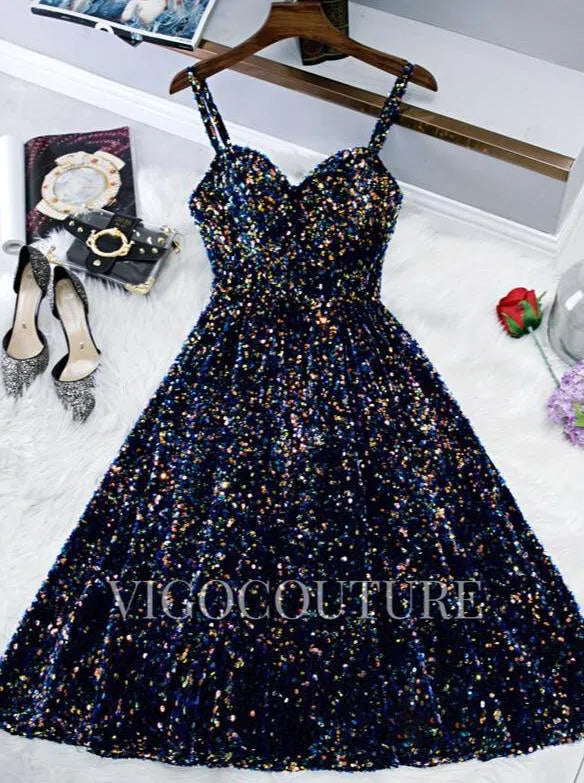 Short Prom Dresses 2025 Blue Glittering Sequin Homecoming Dress Mid-length Prom Dress 20275-Prom Dresses-vigocouture-Blue-US2-vigocouture