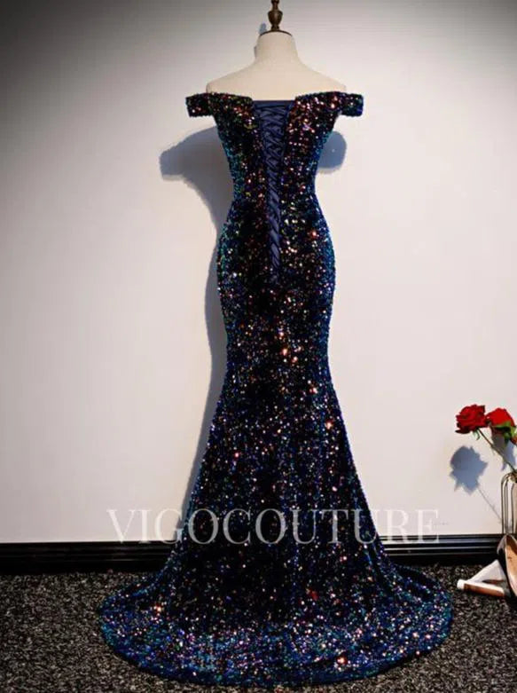 Prom Dress 2025 Blue Glittering Sequin Prom Gown Off the Shoulder Prom Dress 20277-unique elegant Prom Dresses-Blue-US2-vigocouture