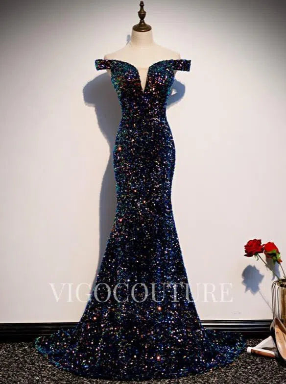 Prom Dress 2025 Blue Glittering Sequin Prom Gown Off the Shoulder Prom Dress 20277-unique elegant Prom Dresses-Blue-US2-vigocouture