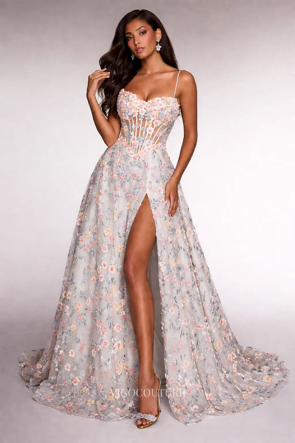 Prom Dresses 2025 to impress Blue Gray Floral Applique Formal Dress with 3D Flowers, Corset Bodice & High Slit - VG016-vigocouture-vigocouture