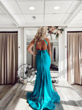 Prom Dress 2025 Blue Halter Cross Back Plunging V-Neck Prom Dresses Satin Mermaid Evening Dress 24087-unique elegant Prom Dresses-Blue-Custom Size-vigocouture