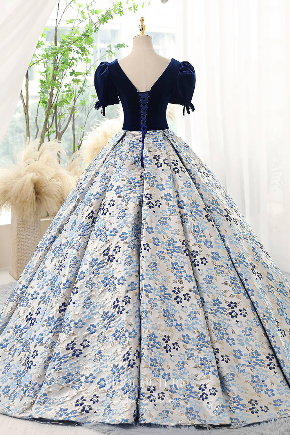 Prom Dress 2025 Blue Jacquard Satin and Velvet Prom Dress with Puffed Sleeves 22284-unique elegant Prom Dresses-Blue-Custom Size-vigocouture