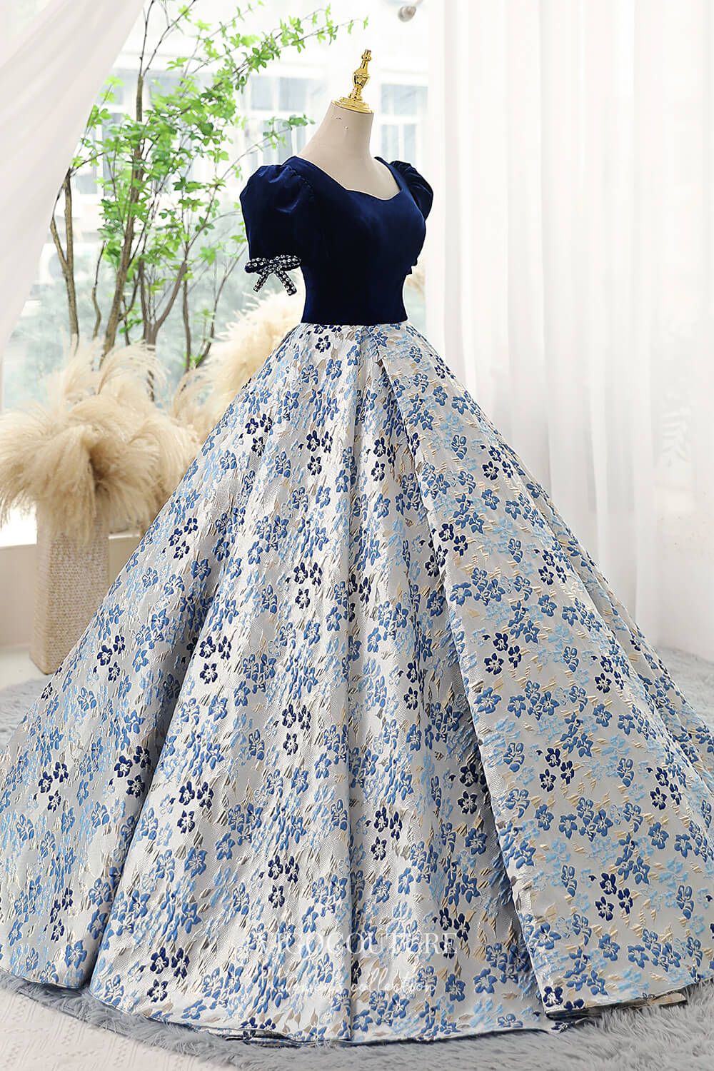 Prom Dress 2025 Blue Jacquard Satin and Velvet Prom Dress with Puffed Sleeves 22284-unique elegant Prom Dresses-Blue-Custom Size-vigocouture