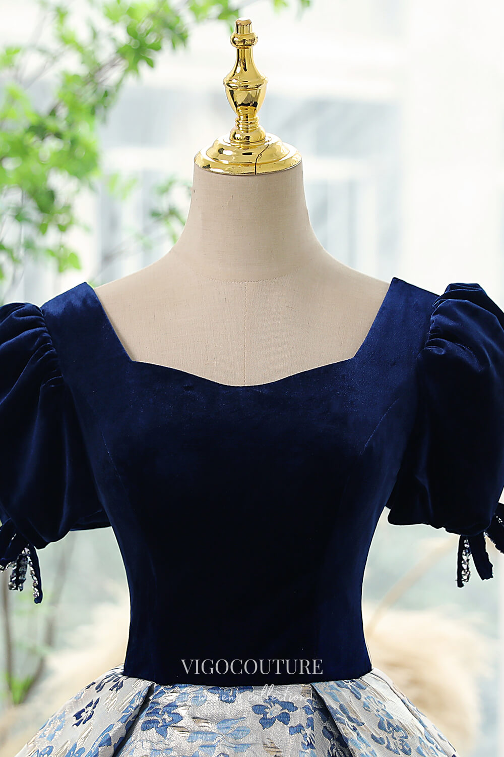 Blue Jacquard Satin and Velvet Prom Dress with Puffed Sleeves 22284 Custom Colors / US4 Blue Jacquard Satin and Velvet Prom Dress with Puffed Sleeves 22284 Custom Colors / US4