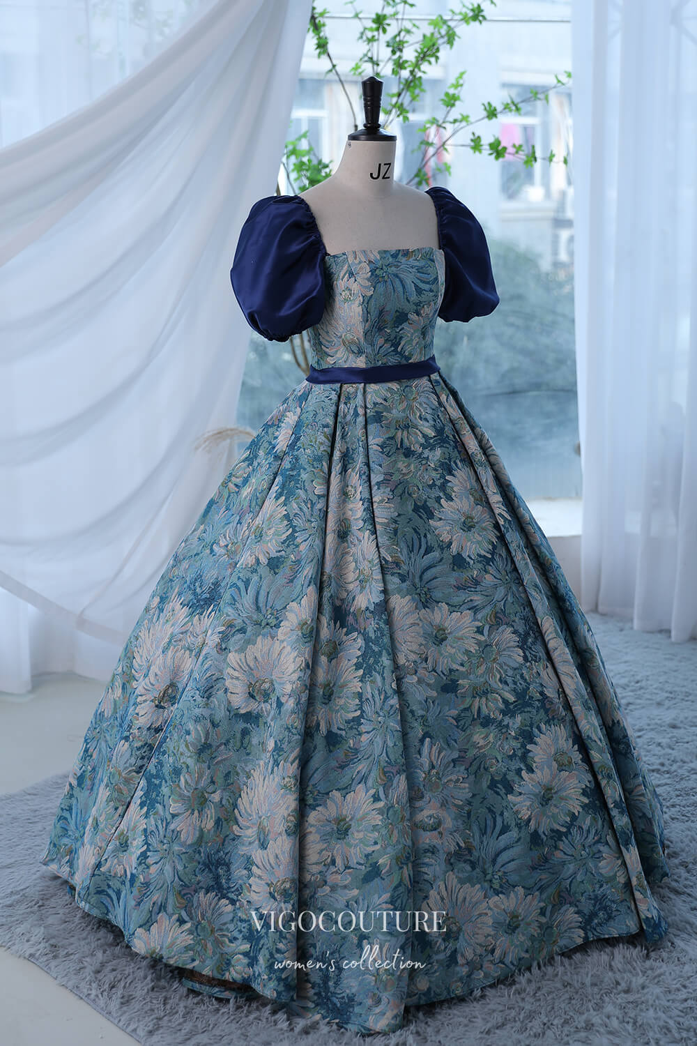 Blue Jacquard Satin Prom Dress with Puffed Sleeve 22293 Custom Colors / 20W Blue Jacquard Satin Prom Dress with Puffed Sleeve 22293 Custom Colors / 20W