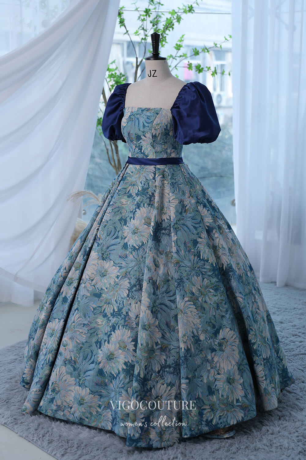 Prom Dress 2025 Blue Jacquard Satin Prom Dress with Puffed Sleeve 22293-unique elegant Prom Dresses-Blue-Custom Size-vigocouture