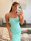 Prom Dress 2025 Blue Lace Applique Mermaid Prom Dresses Spaghetti Strap Evening Dress 20594-unique elegant Prom Dresses-Blue-US0-vigocouture