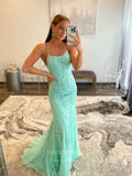 Prom Dress 2025 Blue Lace Applique Mermaid Prom Dresses Spaghetti Strap Evening Dress 20594-unique elegant Prom Dresses-Blue-US0-vigocouture