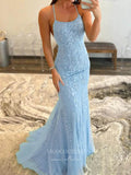 Prom Dress 2025 Blue Lace Applique Mermaid Prom Dresses Spaghetti Strap Evening Dress 20594-unique elegant Prom Dresses-Blue-US0-vigocouture