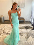 Prom Dress 2025 Blue Lace Applique Mermaid Prom Dresses Spaghetti Strap Evening Dress 20594-unique elegant Prom Dresses-Blue-US0-vigocouture