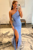 Prom Dress 2025 Blue Lace Applique Mermaid Prom Dresses with Slit One Shoulder 24286-unique elegant Prom Dresses-Blue-Custom Size-vigocouture