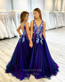 Prom Dress 2025 Blue Lace Applique Prom Dresses V-Neck Evening Dress 21793-unique elegant Prom Dresses-Blue-US2-vigocouture