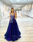 Prom Dress 2025 Blue Lace Applique Prom Dresses V-Neck Evening Dress 21793-unique elegant Prom Dresses-Blue-US2-vigocouture