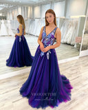 Prom Dress 2025 Blue Lace Applique Prom Dresses V-Neck Evening Dress 21793-unique elegant Prom Dresses-Blue-US2-vigocouture