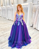 Prom Dress 2025 Blue Lace Applique Prom Dresses V-Neck Evening Dress 21793-unique elegant Prom Dresses-Blue-US2-vigocouture