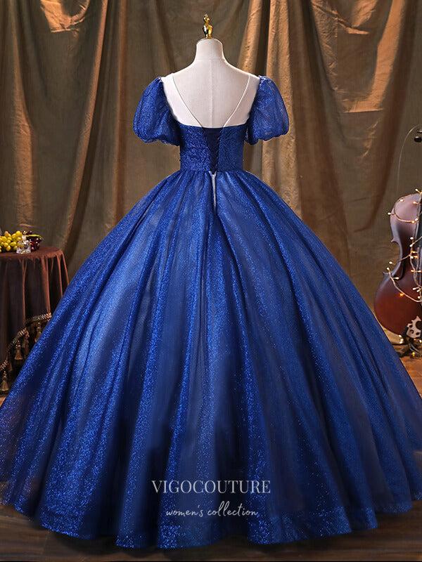 Prom Dress 2025 Blue Lace Applique Quinceanera Dresses Puffed Sleeve Sweet 15 Dresses 21369-unique elegant Prom Dresses-Blue-Custom Size-vigocouture