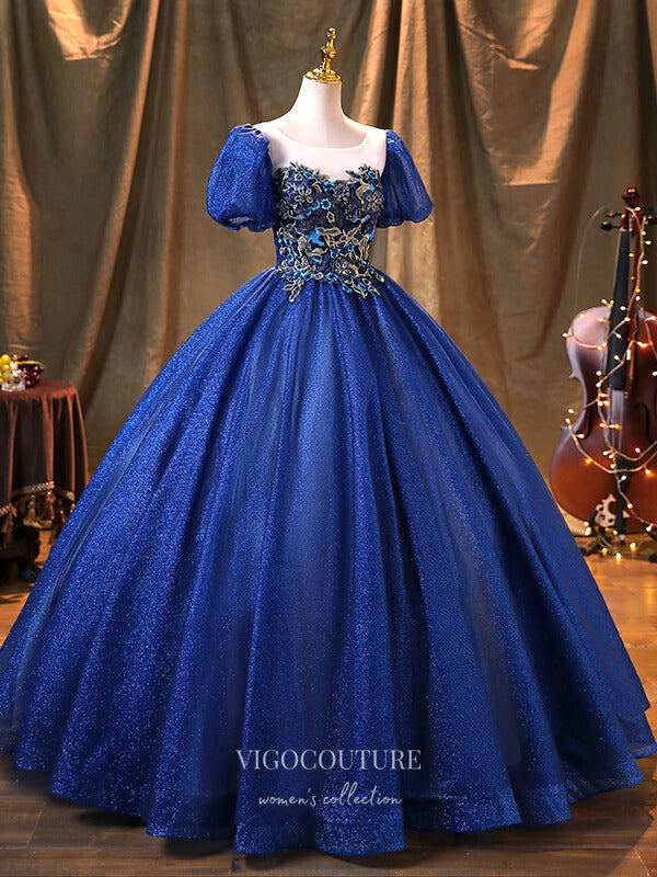 Prom Dress 2025 Blue Lace Applique Quinceanera Dresses Puffed Sleeve Sweet 15 Dresses 21369-unique elegant Prom Dresses-Blue-Custom Size-vigocouture