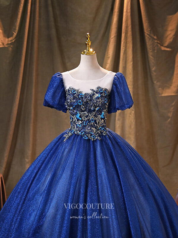 Prom Dress 2025 Blue Lace Applique Quinceanera Dresses Puffed Sleeve Sweet 15 Dresses 21369-unique elegant Prom Dresses-Blue-Custom Size-vigocouture