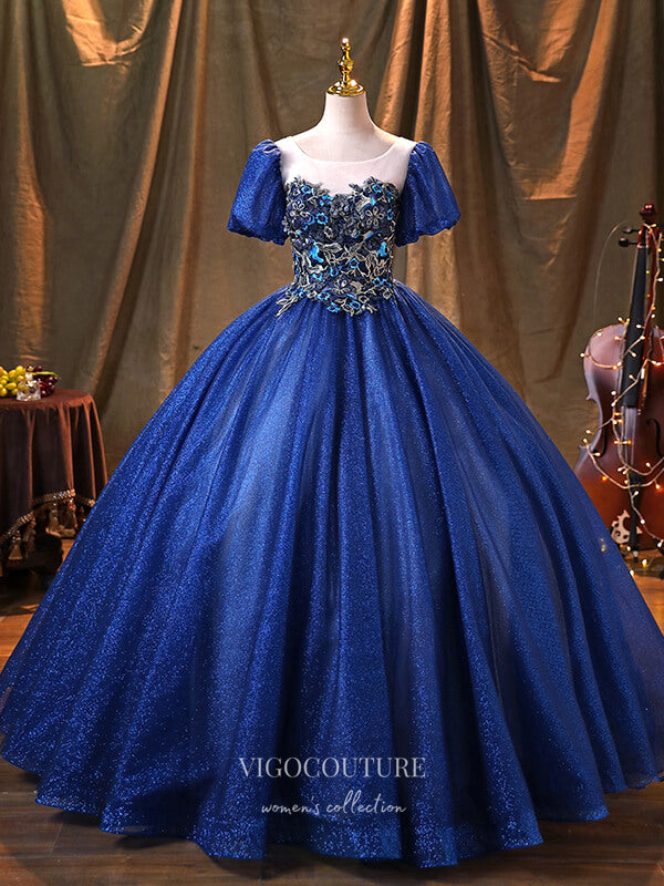 Prom Dress 2025 Blue Lace Applique Quinceanera Dresses Puffed Sleeve Sweet 15 Dresses 21369-unique elegant Prom Dresses-Blue-Custom Size-vigocouture