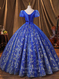 Prom Dress 2025 Blue Lace Applique Quinceanera Dresses Puffed Sleeve Sweet 15 Dresses 21373-unique elegant Prom Dresses-Blue-Custom Size-vigocouture