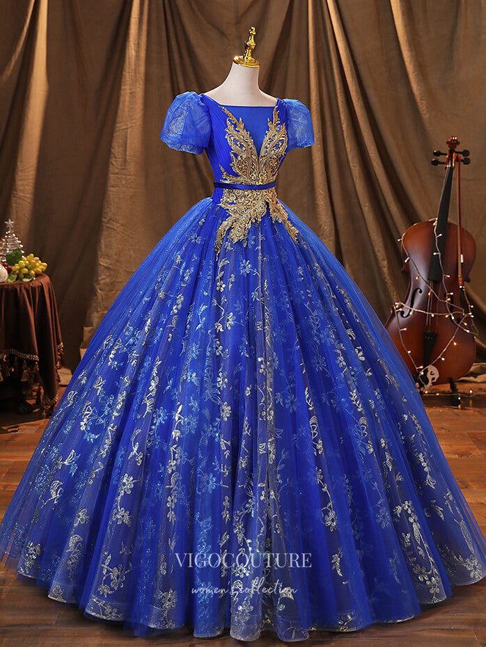 Prom Dress 2025 Blue Lace Applique Quinceanera Dresses Puffed Sleeve Sweet 15 Dresses 21373-unique elegant Prom Dresses-Blue-Custom Size-vigocouture