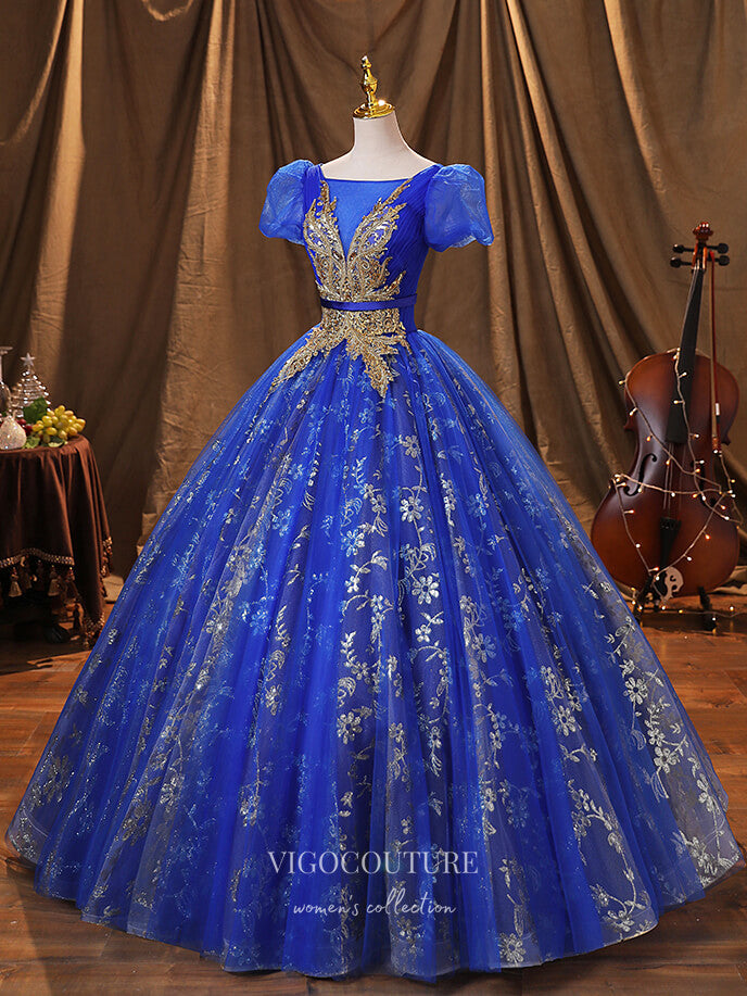 Prom Dress 2025 Blue Lace Applique Quinceanera Dresses Puffed Sleeve Sweet 15 Dresses 21373-unique elegant Prom Dresses-Blue-Custom Size-vigocouture