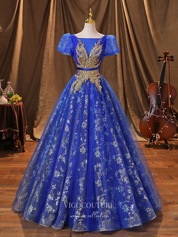 Prom Dress 2025 Blue Lace Applique Quinceanera Dresses Puffed Sleeve Sweet 15 Dresses 21373-unique elegant Prom Dresses-Blue-Custom Size-vigocouture