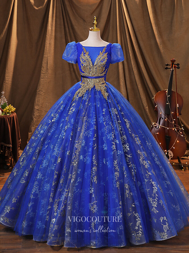 Prom Dress 2025 Blue Lace Applique Quinceanera Dresses Puffed Sleeve Sweet 15 Dresses 21373-unique elegant Prom Dresses-Blue-Custom Size-vigocouture