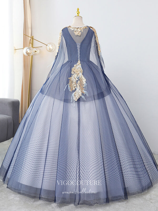 Prom Dress 2025 Blue Lace Applique Quinceanera Dresses Removable Cape Sweet 16 Dresses 21394-unique elegant Prom Dresses-Blue-Custom Size-vigocouture