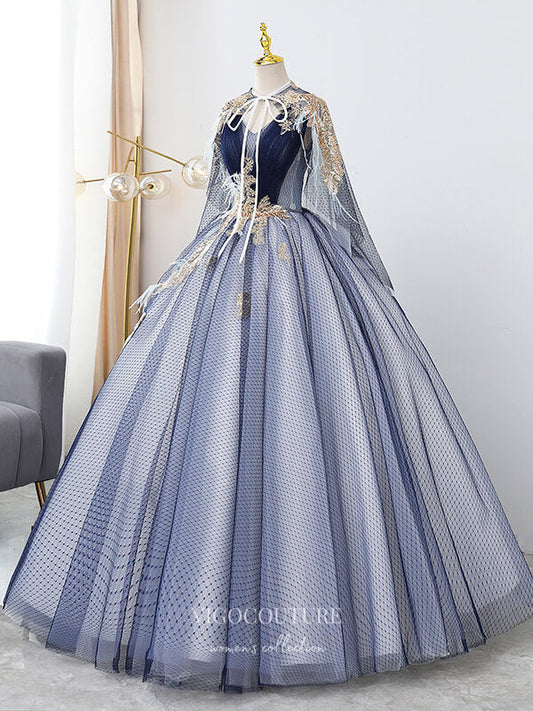 Prom Dress 2025 Blue Lace Applique Quinceanera Dresses Removable Cape Sweet 16 Dresses 21394-unique elegant Prom Dresses-Blue-Custom Size-vigocouture