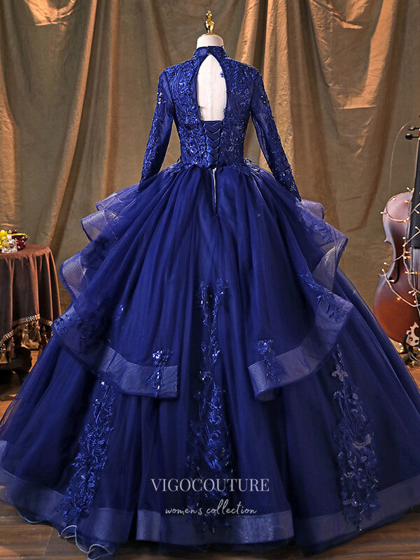 Prom Dress 2025 Blue Long Sleeve Quinceanera Dresses Lace Applique Formal Dresses 21366-unique elegant Prom Dresses-Blue-Custom Size-vigocouture