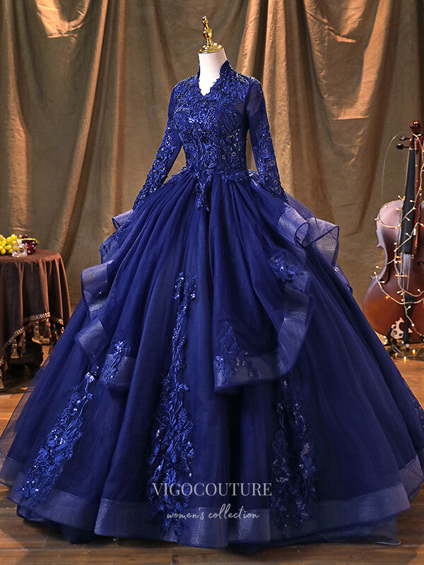 Prom Dress 2025 Blue Long Sleeve Quinceanera Dresses Lace Applique Formal Dresses 21366-unique elegant Prom Dresses-Blue-Custom Size-vigocouture