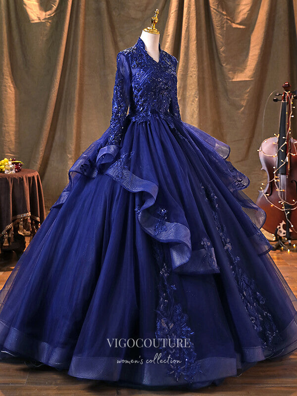 Prom Dress 2025 Blue Long Sleeve Quinceanera Dresses Lace Applique Formal Dresses 21366-unique elegant Prom Dresses-Blue-Custom Size-vigocouture