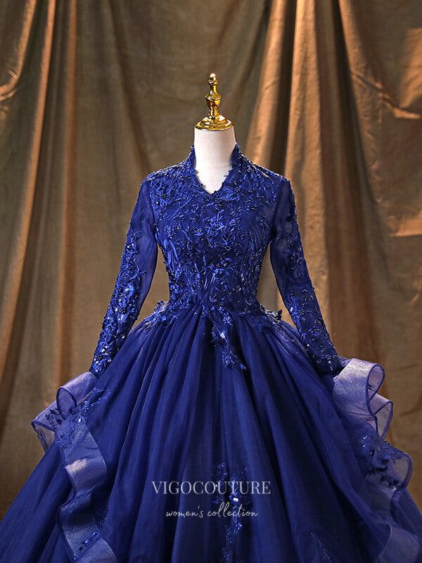 Prom Dress 2025 Blue Long Sleeve Quinceanera Dresses Lace Applique Formal Dresses 21366-unique elegant Prom Dresses-Blue-Custom Size-vigocouture