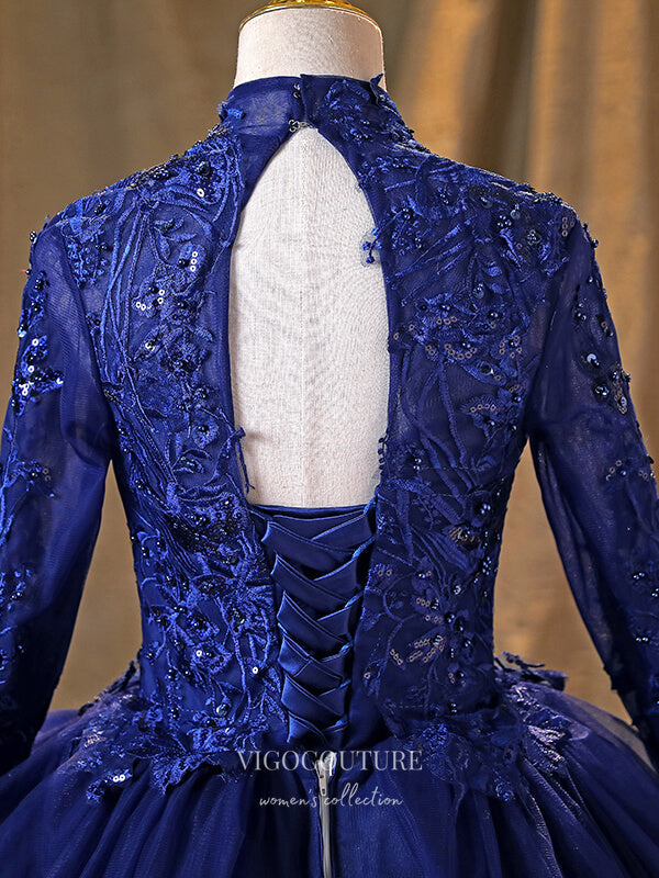 Prom Dress 2025 Blue Long Sleeve Quinceanera Dresses Lace Applique Formal Dresses 21366-unique elegant Prom Dresses-Blue-Custom Size-vigocouture