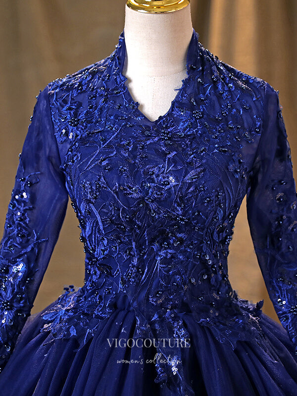 Prom Dress 2025 Blue Long Sleeve Quinceanera Dresses Lace Applique Formal Dresses 21366-unique elegant Prom Dresses-Blue-Custom Size-vigocouture