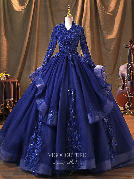 Prom Dress 2025 Blue Long Sleeve Quinceanera Dresses Lace Applique Formal Dresses 21366-unique elegant Prom Dresses-Blue-Custom Size-vigocouture