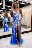 Prom Dress 2025 Blue Mermaid Lace Applique Prom Dresses with Slit Spaghetti Strap Lace Up Back 24207-unique elegant Prom Dresses-Blue-Custom Size-vigocouture