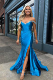 Prom Dress 2025 Blue Mermaid Satin Prom Dresses with Slit Beaded Off the Shoulder Pleated Bodice 24204-unique elegant Prom Dresses-Blue-Custom Size-vigocouture