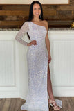 Prom Dress 2025 Blue Mermaid Sequin Prom Dresses with Slit One Shoulder Evening Dress 21933-unique elegant Prom Dresses-Ivory-Custom Size-vigocouture