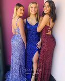 Prom Dress 2025 Blue Mermaid Sequin Prom Dresses with Slit Spaghetti Strap Evening Dress 21950-unique elegant Prom Dresses-Blue-US2-vigocouture