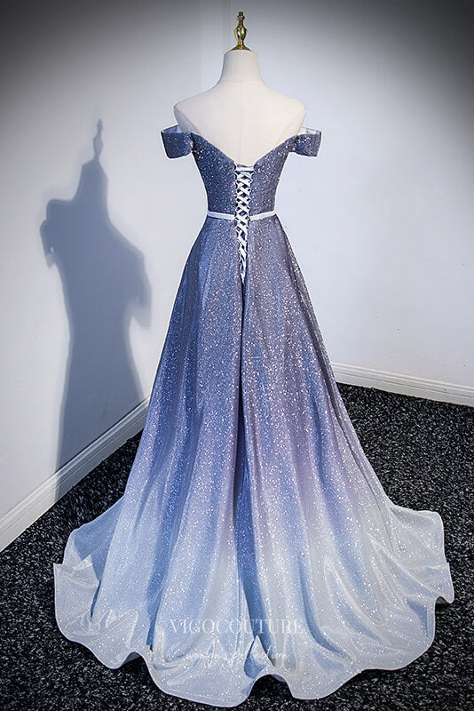 Blue Ombre Sparkly Satin Prom Dress with Off-the-Shoulder 22263 Custom Colors / US12