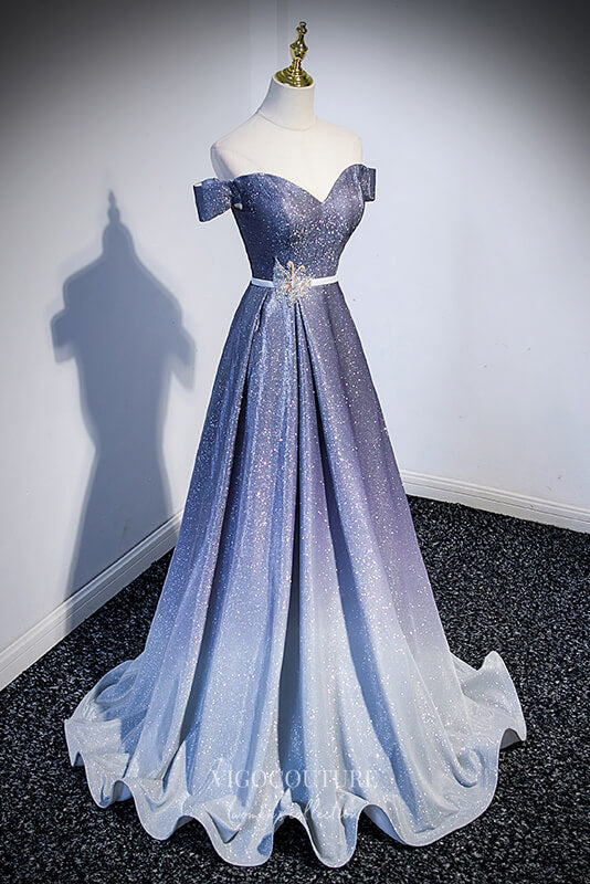 Blue Ombre Sparkly Satin Prom Dress with Off-The-Shoulder 22263 Custom Colors / US12 Blue Ombre Sparkly Satin Prom Dress with Off-The-Shoulder 22263 Custom Colors / US12
