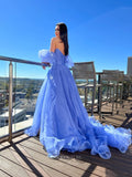 Prom Dress 2025 Blue Organza Crossed Pleated Prom Dresses with Slit Removable Puffed Sleeve 24172-unique elegant Prom Dresses-Blue-Custom Size-vigocouture