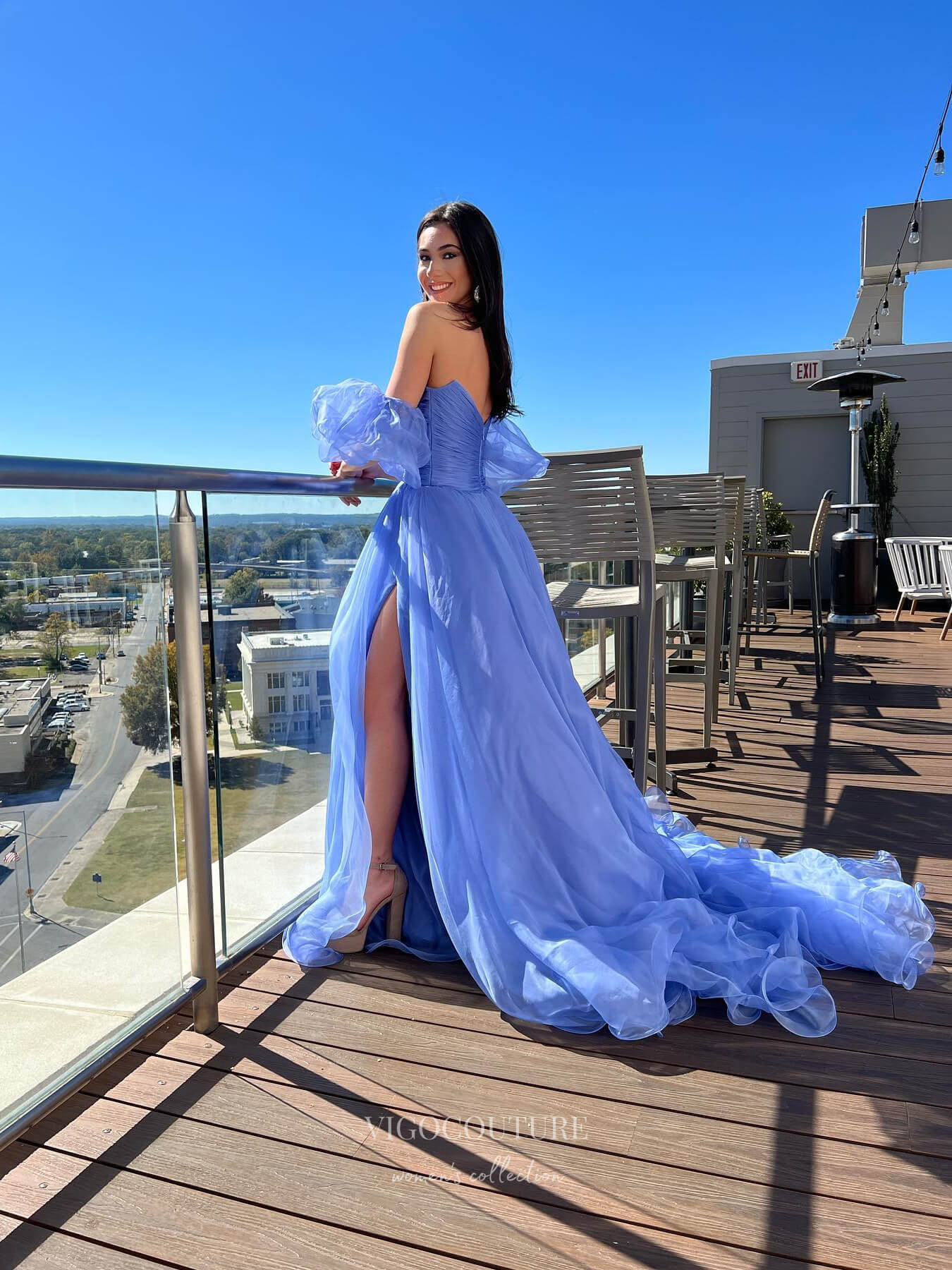 Prom Dress 2025 Blue Organza Crossed Pleated Prom Dresses with Slit Removable Puffed Sleeve 24172-unique elegant Prom Dresses-Blue-Custom Size-vigocouture