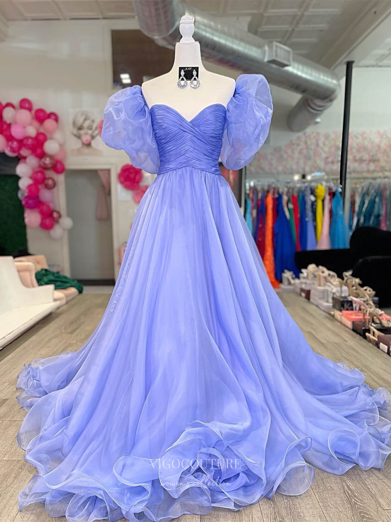 Prom Dress 2025 Blue Organza Crossed Pleated Prom Dresses with Slit Removable Puffed Sleeve 24172-unique elegant Prom Dresses-Blue-Custom Size-vigocouture