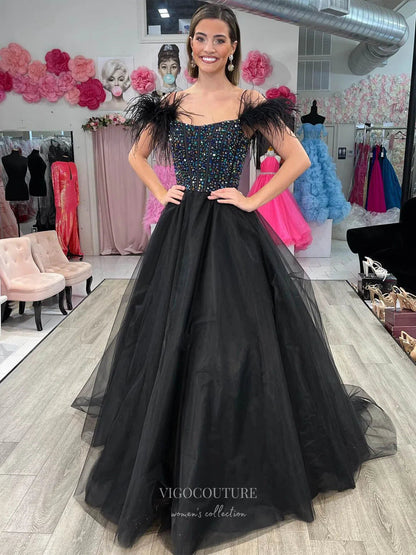 Blue Pearl Boned Bodice Prom Dresses Feather Strap Tulle Gown 24168 Black / US10 Blue Pearl Boned Bodice Prom Dresses Feather Strap Tulle Gown 24168 Black / US10