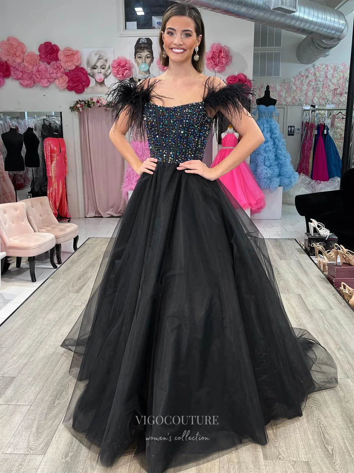 Prom Dress 2025 Blue Pearl Boned Bodice Prom Dresses Feather Strap Tulle Gown 24168-unique elegant Prom Dresses-Black-Custom Size-vigocouture