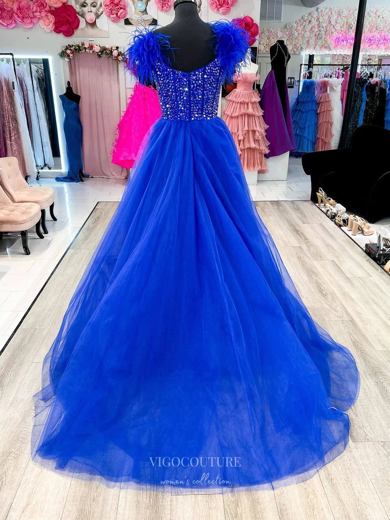 Prom Dress 2025 Blue Pearl Boned Bodice Prom Dresses Feather Strap Tulle Gown 24168-unique elegant Prom Dresses-Blue-Custom Size-vigocouture